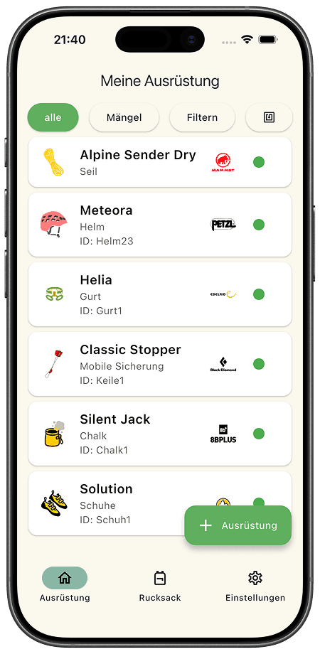 EquipCheck App – Hauptbildschirm